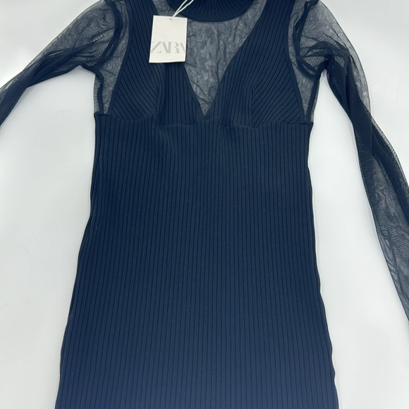 ZARA Women’s Black Mini Body Con with Mesh Sleeves Size M NWT - Picture 9 of 16